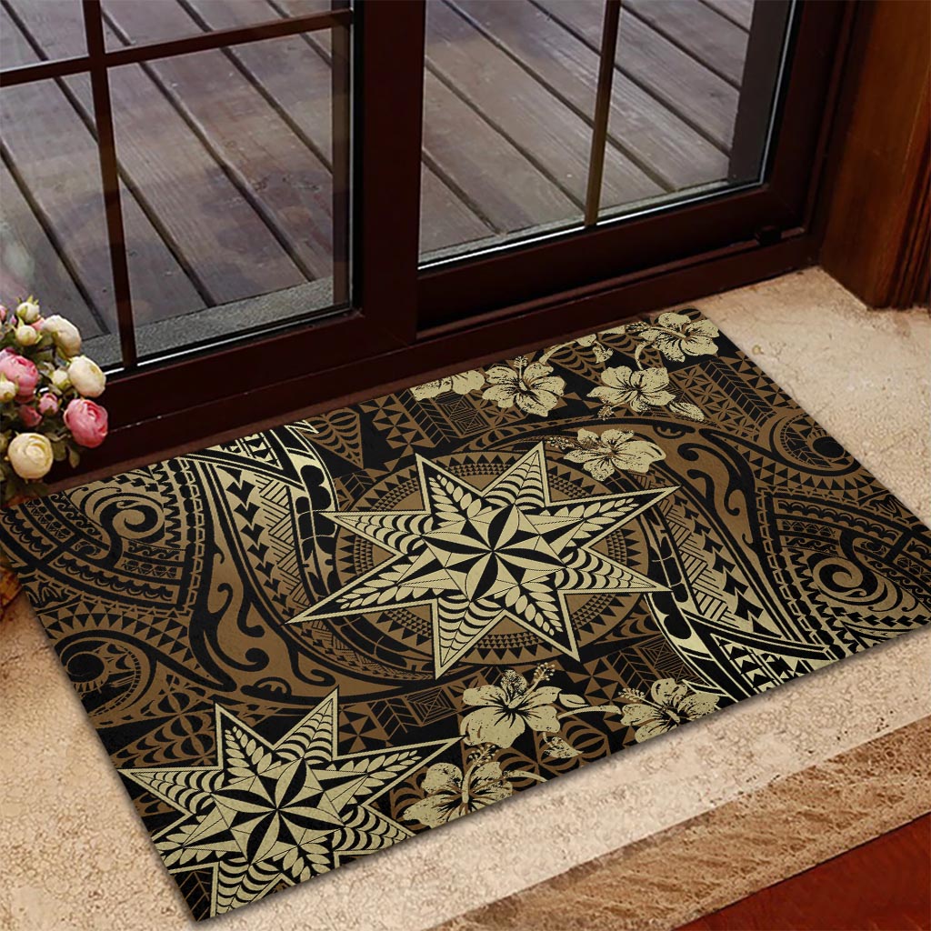Vintage Tonga Tribal Ngatu Pattern Rubber Doormat With Pacific Floral Brown Art LT9 - Polynesian Pride