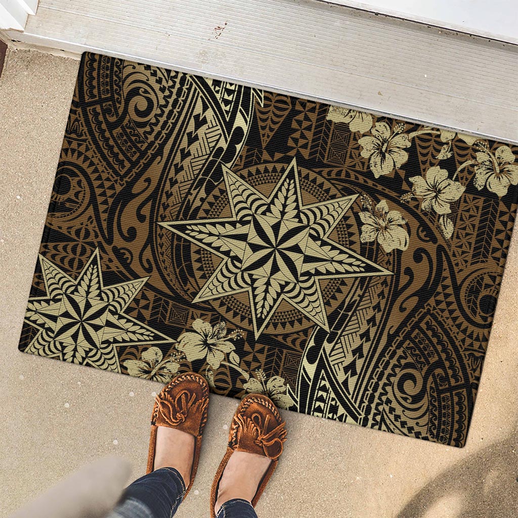 Vintage Tonga Tribal Ngatu Pattern Rubber Doormat With Pacific Floral Brown Art LT9 - Polynesian Pride
