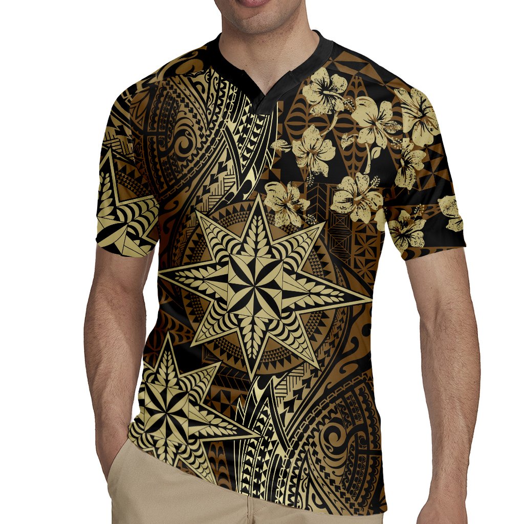 Vintage Tonga Tribal Ngatu Pattern Rugby Jersey With Pacific Floral Brown Art LT9 - Polynesian Pride