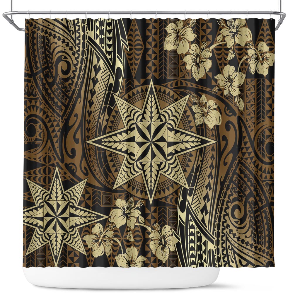 Vintage Tonga Tribal Ngatu Pattern Shower Curtain With Pacific Floral Brown Art LT9 Brown - Polynesian Pride