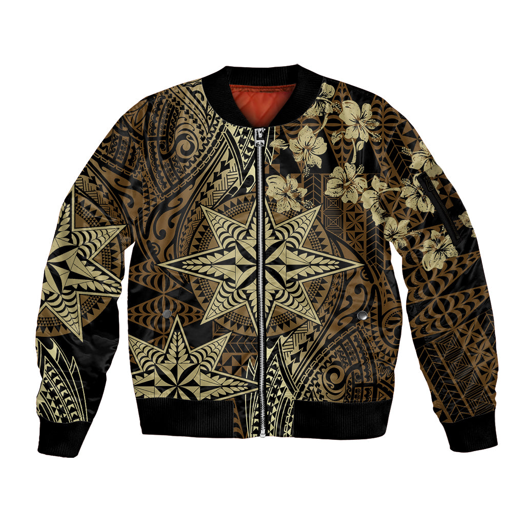 Vintage Tonga Tribal Ngatu Pattern Sleeve Zip Bomber Jacket With Pacific Floral Brown Art LT9 Unisex Brown - Polynesian Pride