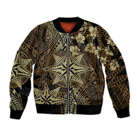 Vintage Tonga Tribal Ngatu Pattern Sleeve Zip Bomber Jacket With Pacific Floral Brown Art LT9 Unisex Brown - Polynesian Pride