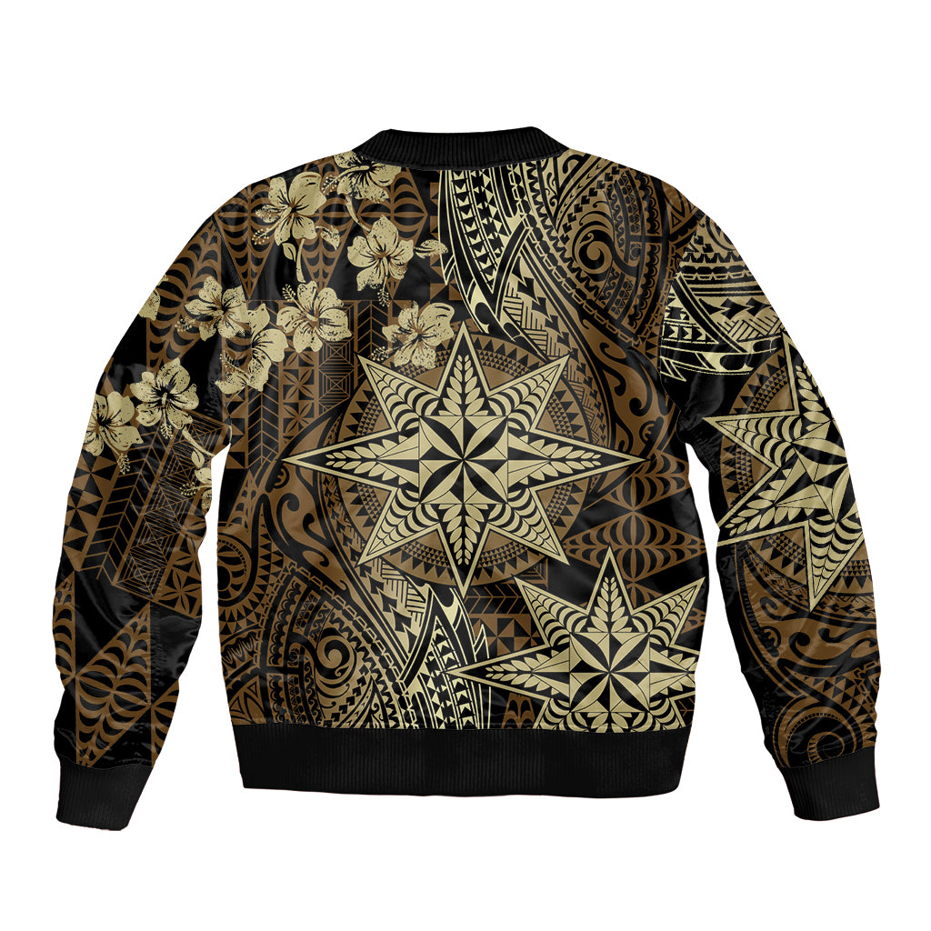 Vintage Tonga Tribal Ngatu Pattern Sleeve Zip Bomber Jacket With Pacific Floral Brown Art LT9 - Polynesian Pride