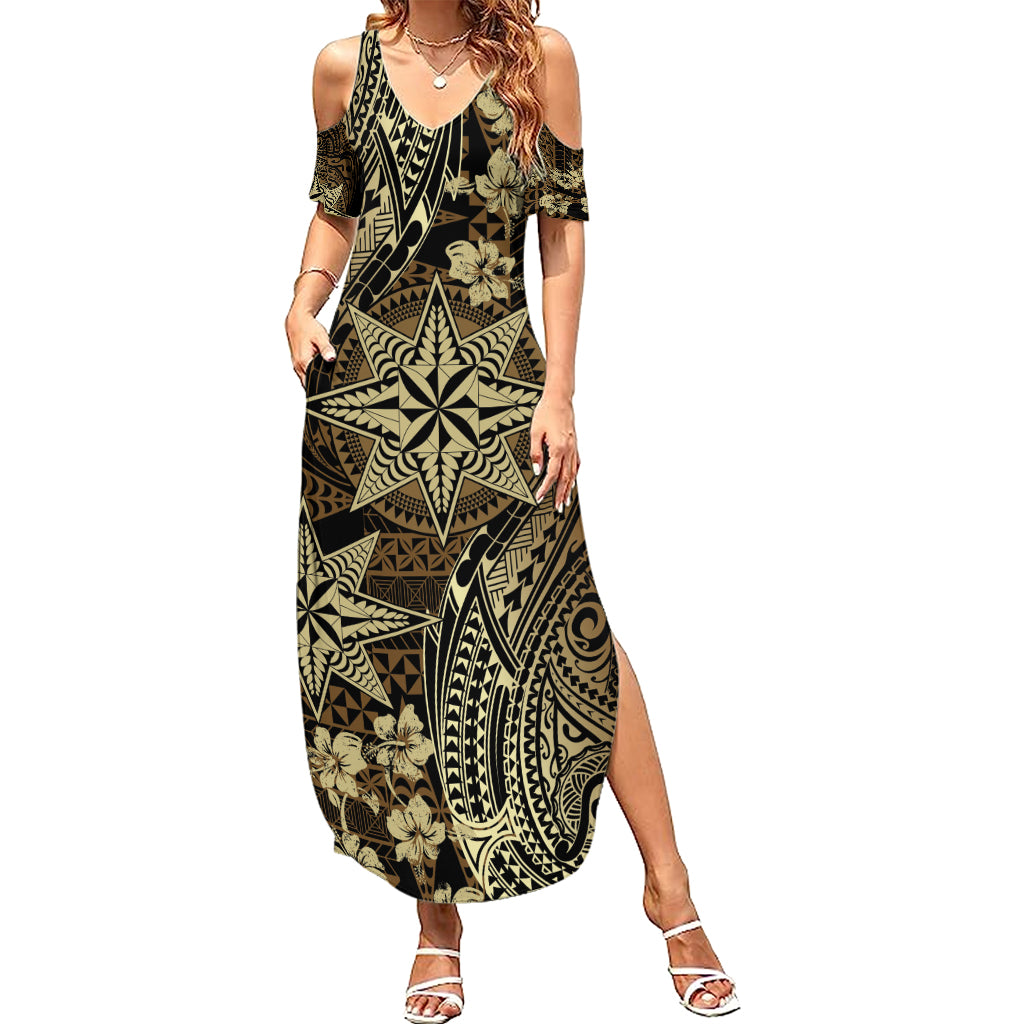 Vintage Tonga Tribal Ngatu Pattern Summer Maxi Dress With Pacific Floral Brown Art LT9 Women Brown - Polynesian Pride