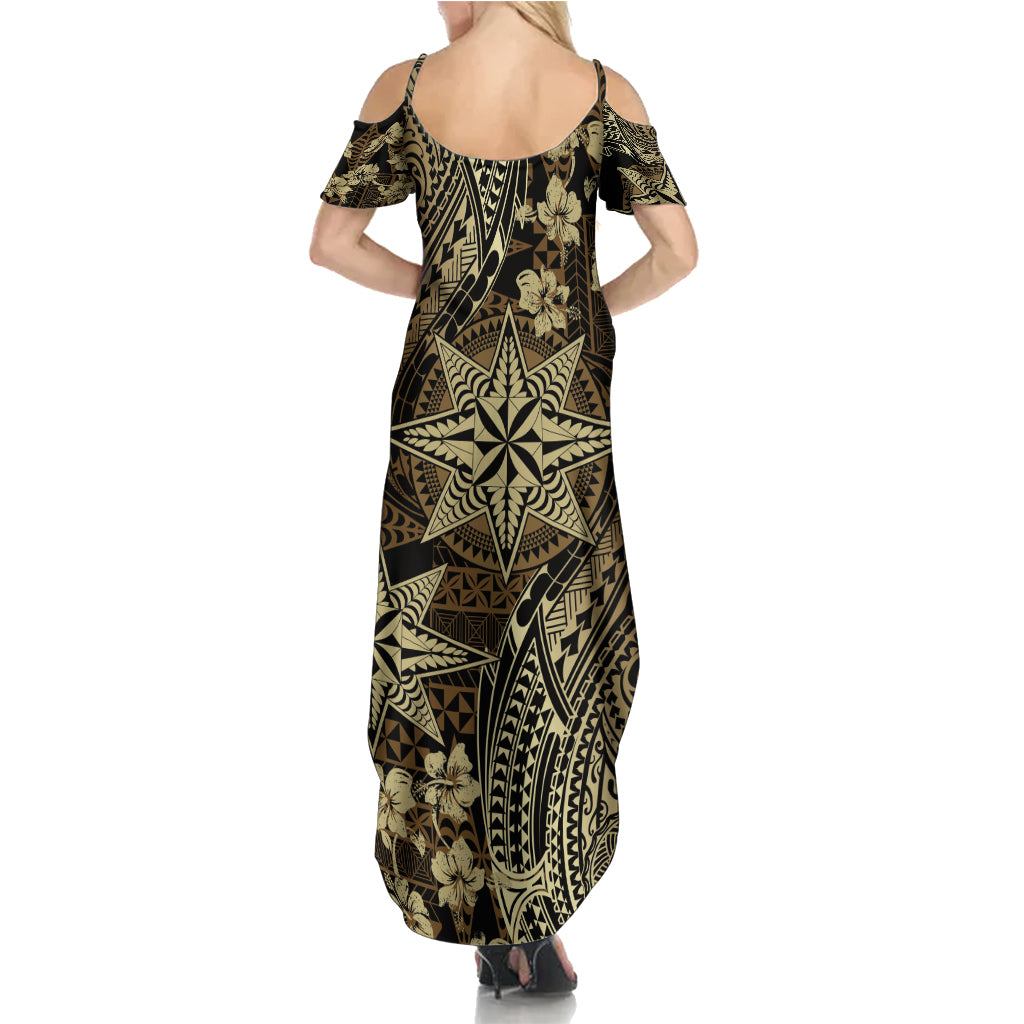 Vintage Tonga Tribal Ngatu Pattern Summer Maxi Dress With Pacific Floral Brown Art LT9 - Polynesian Pride