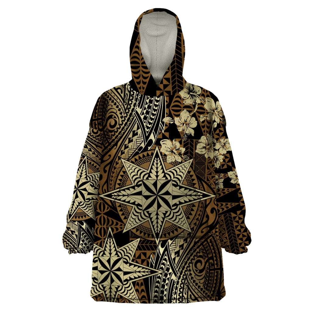 Vintage Tonga Tribal Ngatu Pattern Wearable Blanket Hoodie With Pacific Floral Brown Art