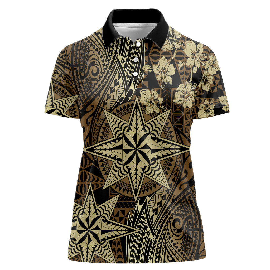 Vintage Tonga Tribal Ngatu Pattern Women Polo Shirt With Pacific Floral Brown Art