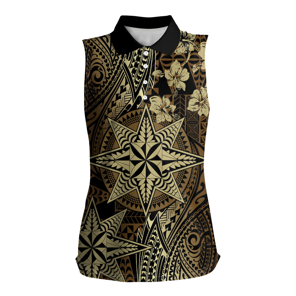 Vintage Tonga Tribal Ngatu Pattern Women Sleeveless Polo Shirt With Pacific Floral Brown Art