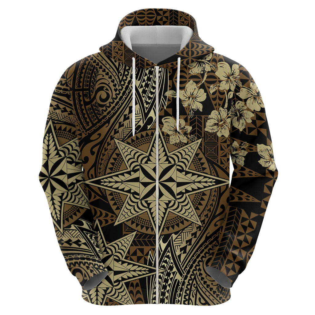 Vintage Tonga Tribal Ngatu Pattern Zip Hoodie With Pacific Floral Brown Art LT9 - Polynesian Pride