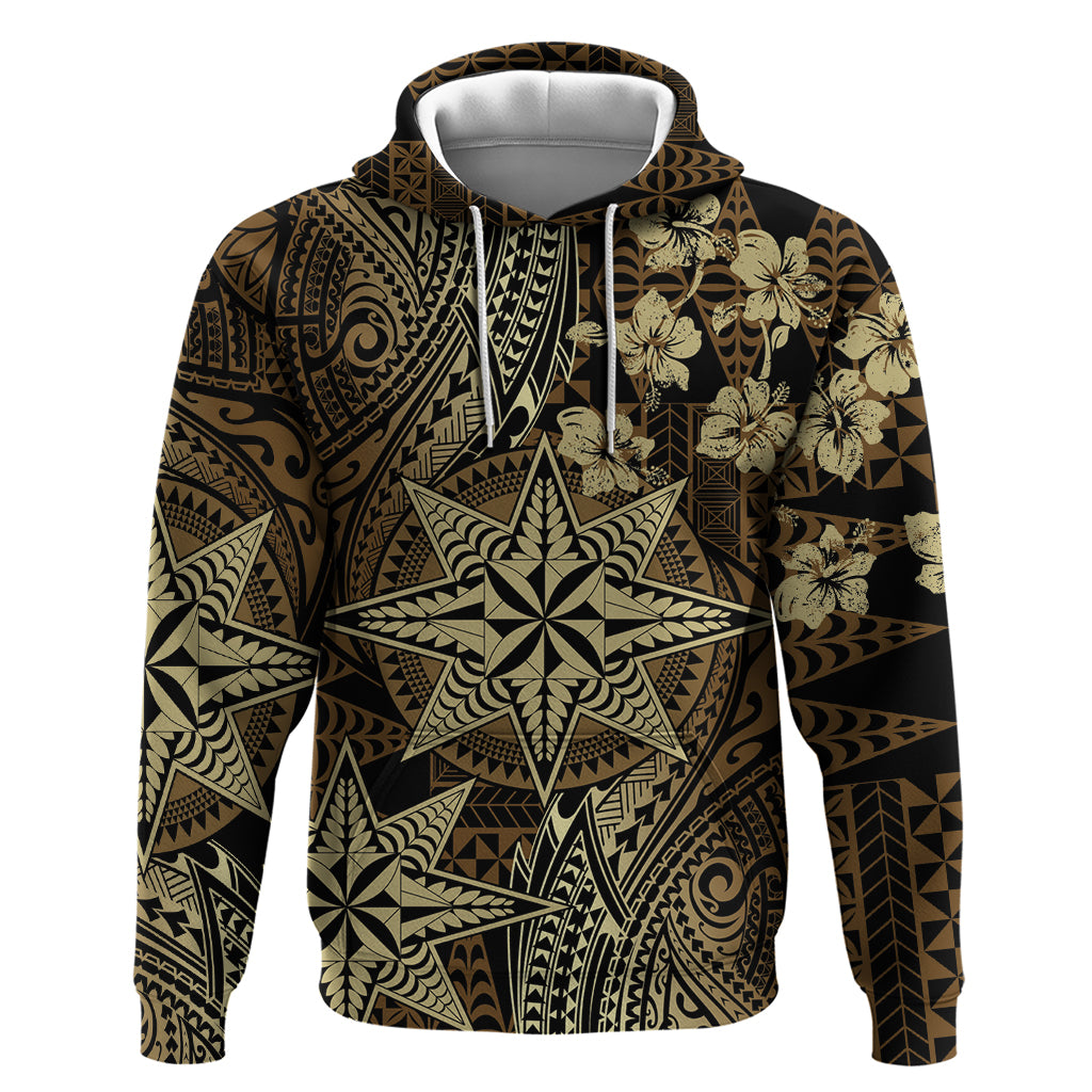 Vintage Tonga Tribal Ngatu Pattern Zip Hoodie With Pacific Floral Brown Art LT9 Pullover Hoodie Brown - Polynesian Pride