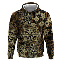 Vintage Tonga Tribal Ngatu Pattern Zip Hoodie With Pacific Floral Brown Art LT9 Pullover Hoodie Brown - Polynesian Pride