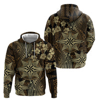 Vintage Tonga Tribal Ngatu Pattern Zip Hoodie With Pacific Floral Brown Art LT9 - Polynesian Pride
