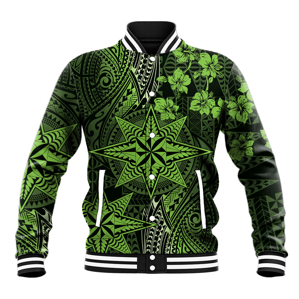 Vintage Tonga Tribal Ngatu Pattern Baseball Jacket With Pacific Floral Lime Green Art LT9 Unisex Lime Green - Polynesian Pride