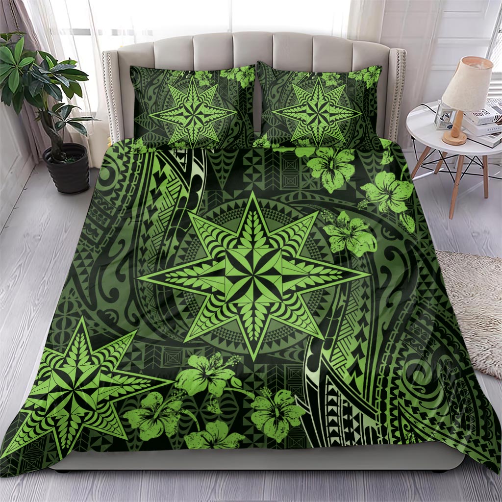 Vintage Tonga Tribal Ngatu Pattern Bedding Set With Pacific Floral Lime Green Art LT9 - Polynesian Pride