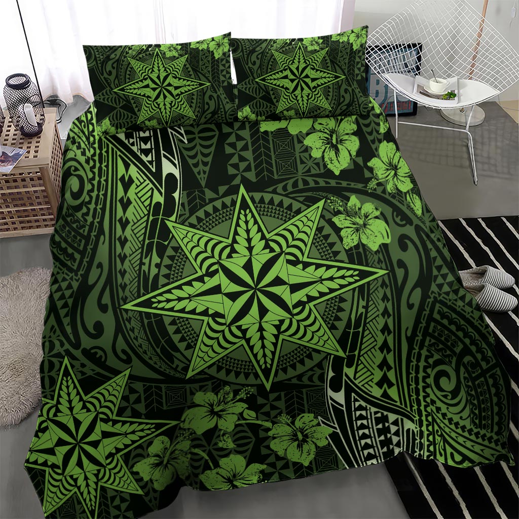 Vintage Tonga Tribal Ngatu Pattern Bedding Set With Pacific Floral Lime Green Art LT9 - Polynesian Pride