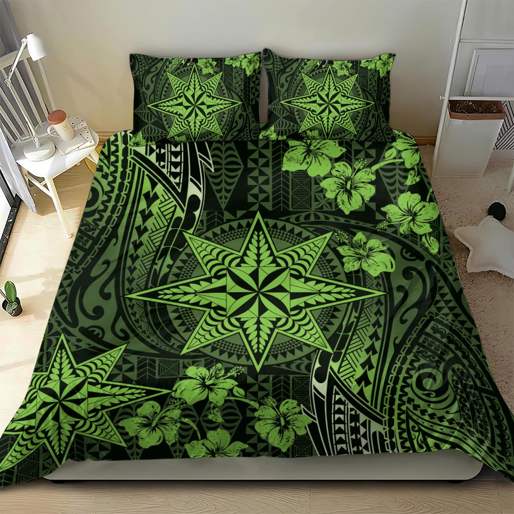 Vintage Tonga Tribal Ngatu Pattern Bedding Set With Pacific Floral Lime Green Art LT9 - Polynesian Pride
