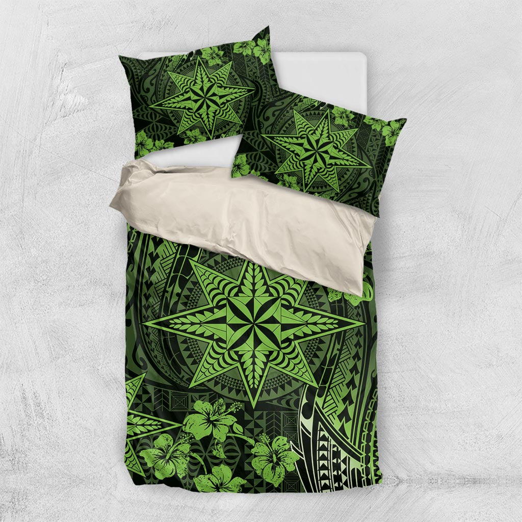 Vintage Tonga Tribal Ngatu Pattern Bedding Set With Pacific Floral Lime Green Art LT9 US Twin 172cm x 218cm Lime Green - Polynesian Pride