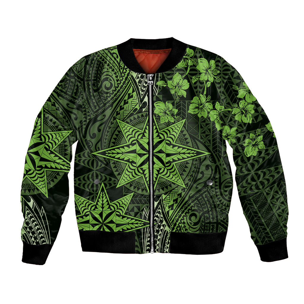 Vintage Tonga Tribal Ngatu Pattern Bomber Jacket With Pacific Floral Lime Green Art LT9 Unisex Lime Green - Polynesian Pride