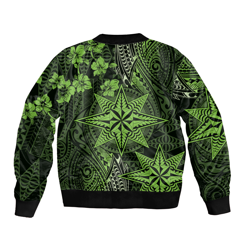 Vintage Tonga Tribal Ngatu Pattern Bomber Jacket With Pacific Floral Lime Green Art LT9 - Polynesian Pride
