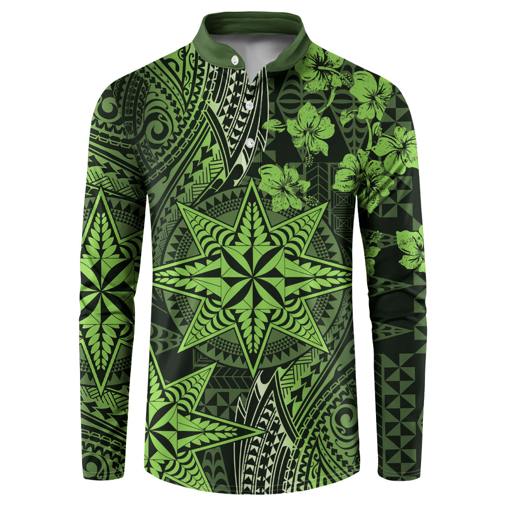 Vintage Tonga Tribal Ngatu Pattern Button Sweatshirt With Pacific Floral Lime Green Art LT9 Lime Green - Polynesian Pride