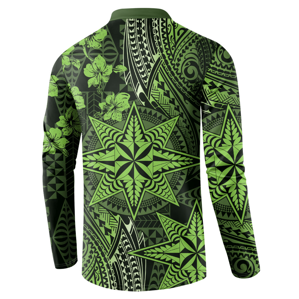 Vintage Tonga Tribal Ngatu Pattern Button Sweatshirt With Pacific Floral Lime Green Art LT9 - Polynesian Pride