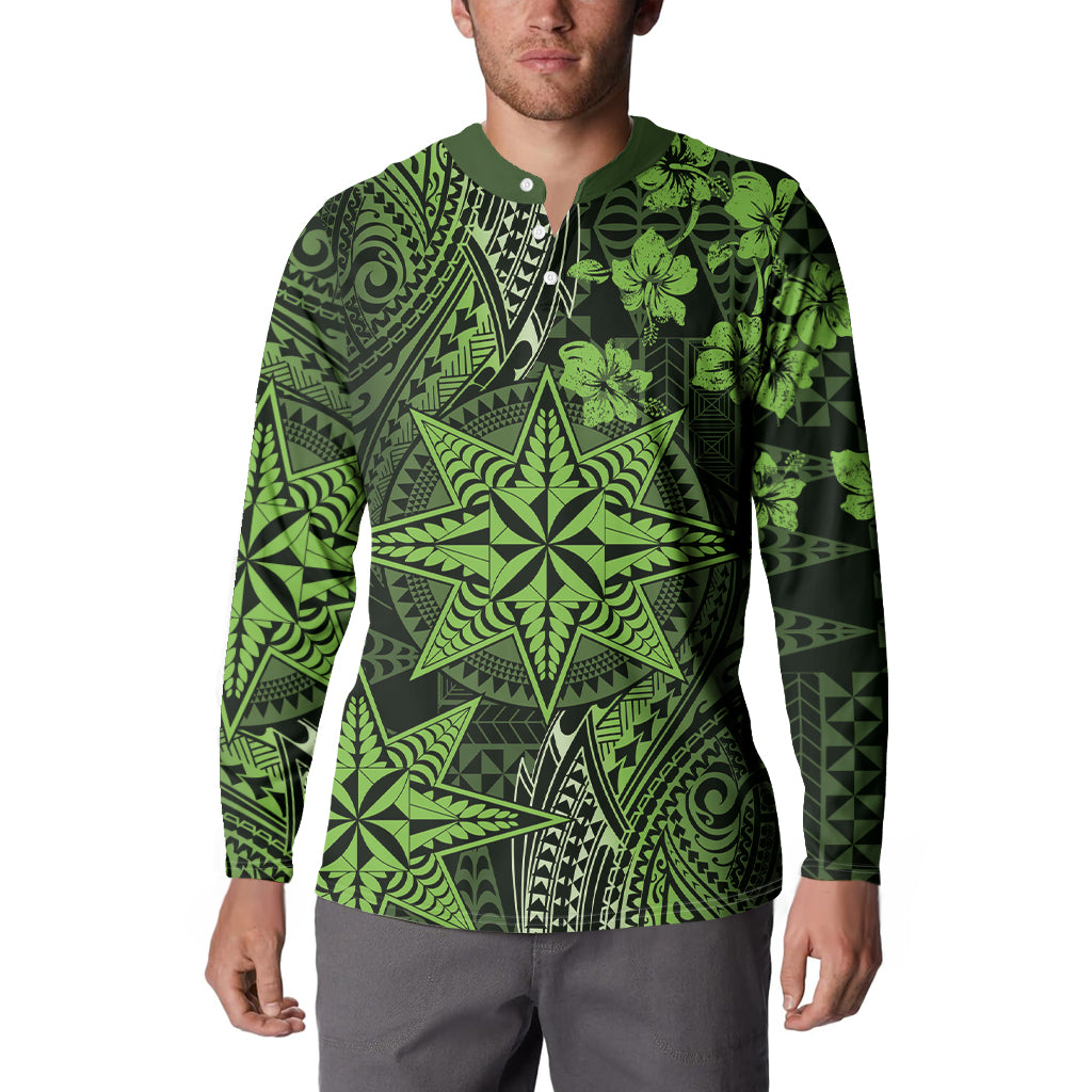 Vintage Tonga Tribal Ngatu Pattern Button Sweatshirt With Pacific Floral Lime Green Art LT9 - Polynesian Pride