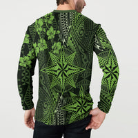 Vintage Tonga Tribal Ngatu Pattern Button Sweatshirt With Pacific Floral Lime Green Art LT9 - Polynesian Pride