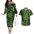 Vintage Tonga Tribal Ngatu Pattern Couples Matching Off The Shoulder Long Sleeve Dress and Hawaiian Shirt With Pacific Floral Lime Green Art