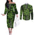 Vintage Tonga Tribal Ngatu Pattern Couples Matching Off The Shoulder Long Sleeve Dress and Long Sleeve Button Shirt With Pacific Floral Lime Green Art