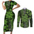 Vintage Tonga Tribal Ngatu Pattern Couples Matching Short Sleeve Bodycon Dress and Long Sleeve Button Shirt With Pacific Floral Lime Green Art