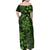 Vintage Tonga Tribal Ngatu Pattern Family Matching Off Shoulder Maxi Dress and Hawaiian Shirt With Pacific Floral Lime Green Art