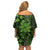 Vintage Tonga Tribal Ngatu Pattern Family Matching Off Shoulder Short Dress and Hawaiian Shirt With Pacific Floral Lime Green Art