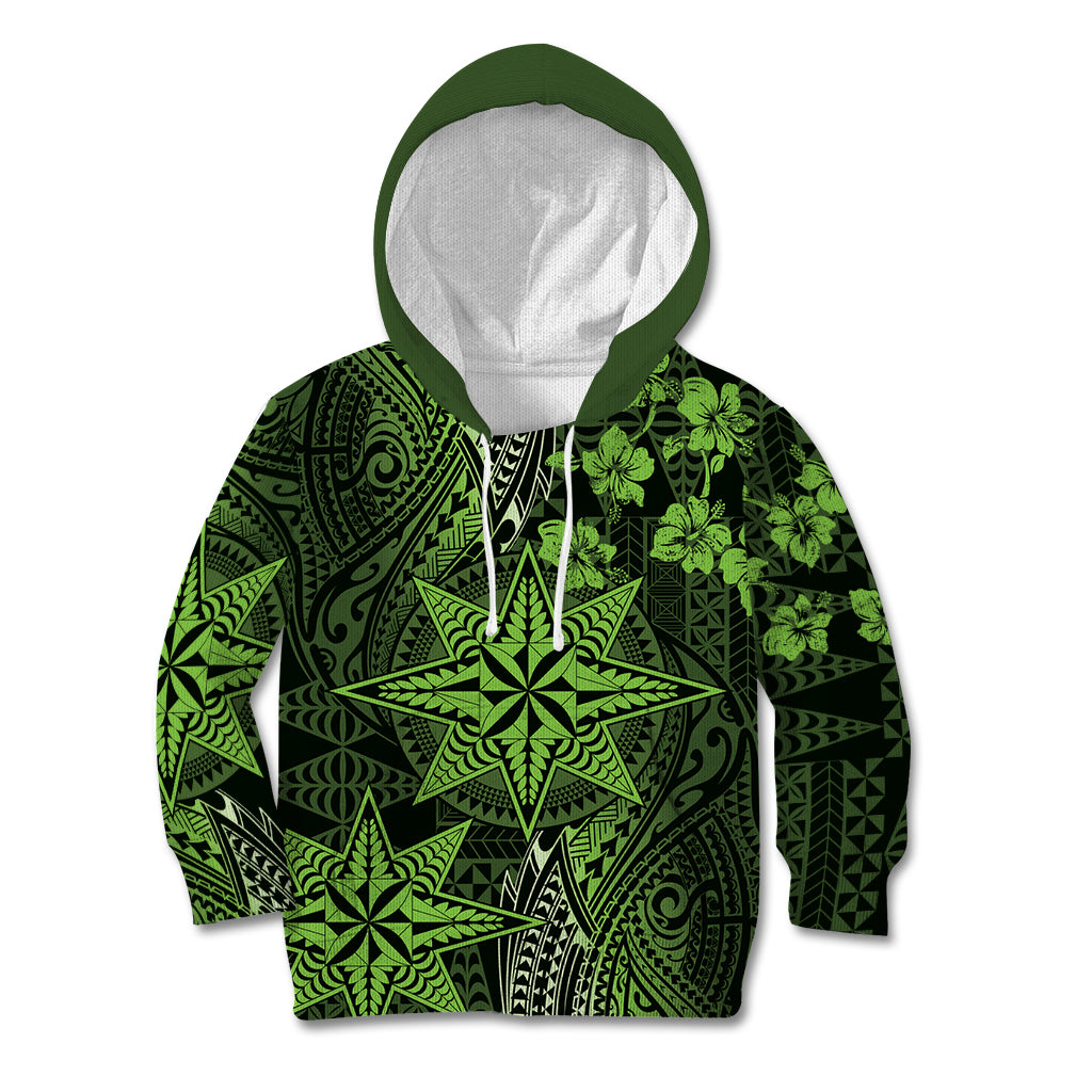 Vintage Tonga Tribal Ngatu Pattern Kid Hoodie With Pacific Floral Lime Green Art LT9 Hoodie Lime Green - Polynesian Pride