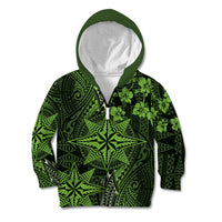 Vintage Tonga Tribal Ngatu Pattern Kid Hoodie With Pacific Floral Lime Green Art LT9 Zip Hoodie Lime Green - Polynesian Pride