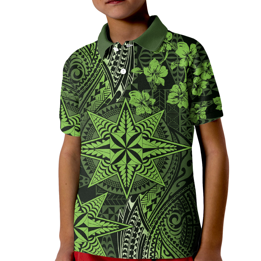 Vintage Tonga Tribal Ngatu Pattern Kid Polo Shirt With Pacific Floral Lime Green Art LT9 Kid Lime Green - Polynesian Pride