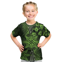 Vintage Tonga Tribal Ngatu Pattern Kid T Shirt With Pacific Floral Lime Green Art LT9 Lime Green - Polynesian Pride