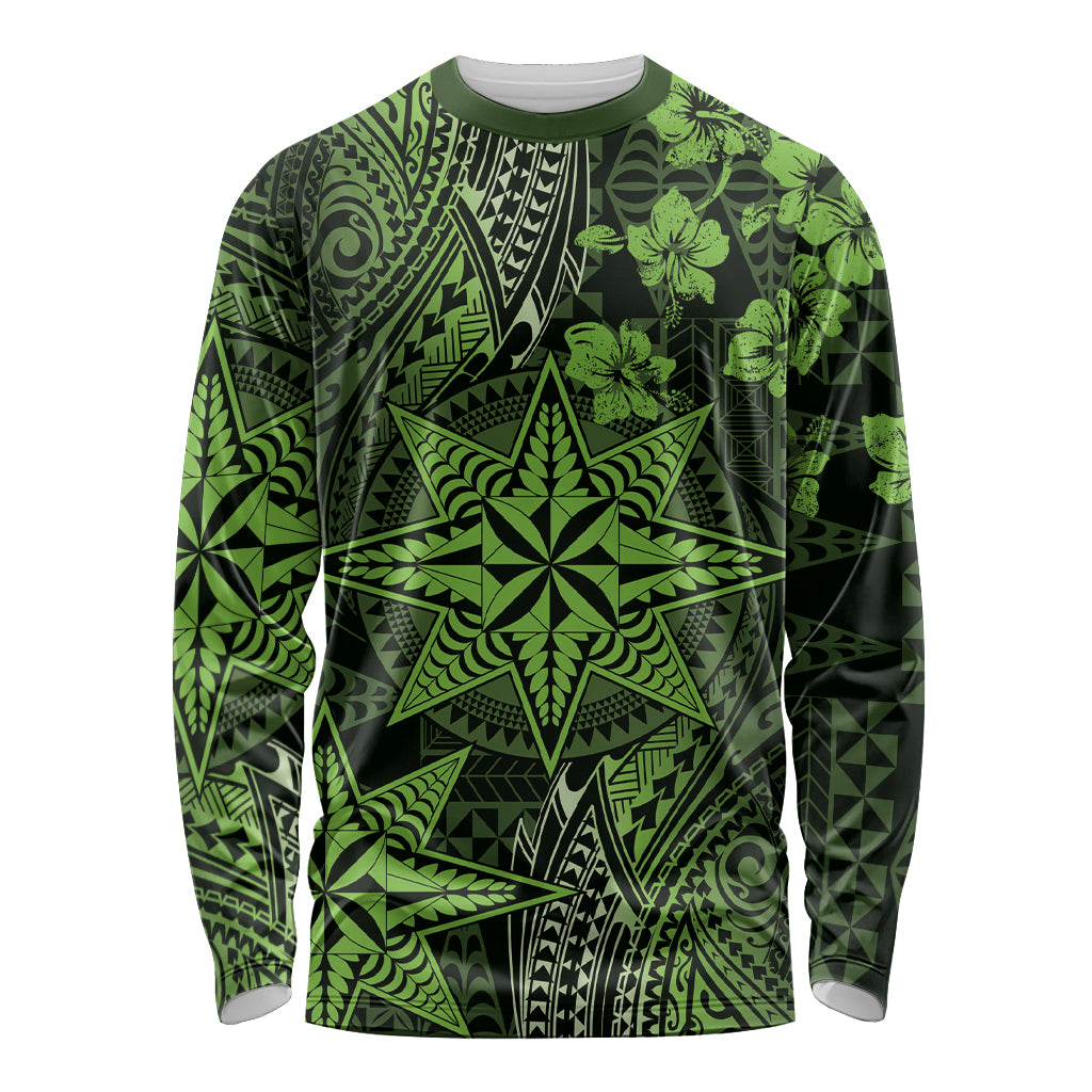 Vintage Tonga Tribal Ngatu Pattern Long Sleeve Shirt With Pacific Floral Lime Green Art LT9 Unisex Lime Green - Polynesian Pride