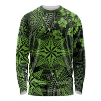 Vintage Tonga Tribal Ngatu Pattern Long Sleeve Shirt With Pacific Floral Lime Green Art LT9 Unisex Lime Green - Polynesian Pride