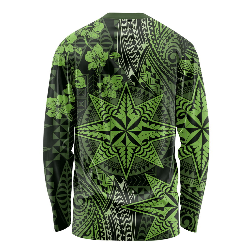 Vintage Tonga Tribal Ngatu Pattern Long Sleeve Shirt With Pacific Floral Lime Green Art LT9 - Polynesian Pride