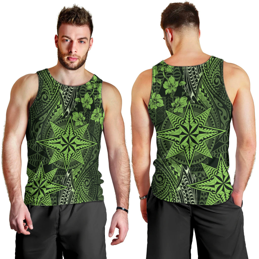 Vintage Tonga Tribal Ngatu Pattern Men Tank Top With Pacific Floral Lime Green Art LT9 - Polynesian Pride