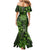 Vintage Tonga Tribal Ngatu Pattern Mermaid Dress With Pacific Floral Lime Green Art