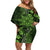 Vintage Tonga Tribal Ngatu Pattern Off Shoulder Short Dress With Pacific Floral Lime Green Art