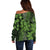 Vintage Tonga Tribal Ngatu Pattern Off Shoulder Sweater With Pacific Floral Lime Green Art