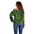 Vintage Tonga Tribal Ngatu Pattern Off Shoulder Sweater With Pacific Floral Lime Green Art