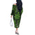 Vintage Tonga Tribal Ngatu Pattern Off The Shoulder Long Sleeve Dress With Pacific Floral Lime Green Art