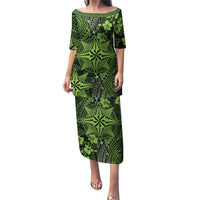 Vintage Tonga Tribal Ngatu Pattern Puletasi With Pacific Floral Lime Green Art LT9 Long Dress Lime Green - Polynesian Pride