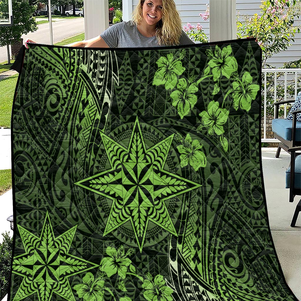 Vintage Tonga Tribal Ngatu Pattern Quilt With Pacific Floral Lime Green Art LT9 Lime Green - Polynesian Pride