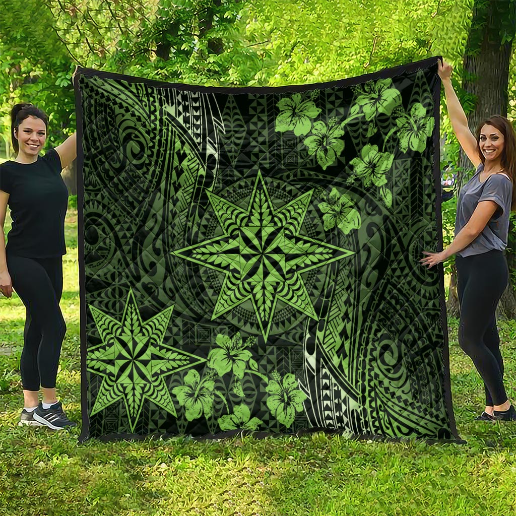 Vintage Tonga Tribal Ngatu Pattern Quilt With Pacific Floral Lime Green Art LT9 - Polynesian Pride