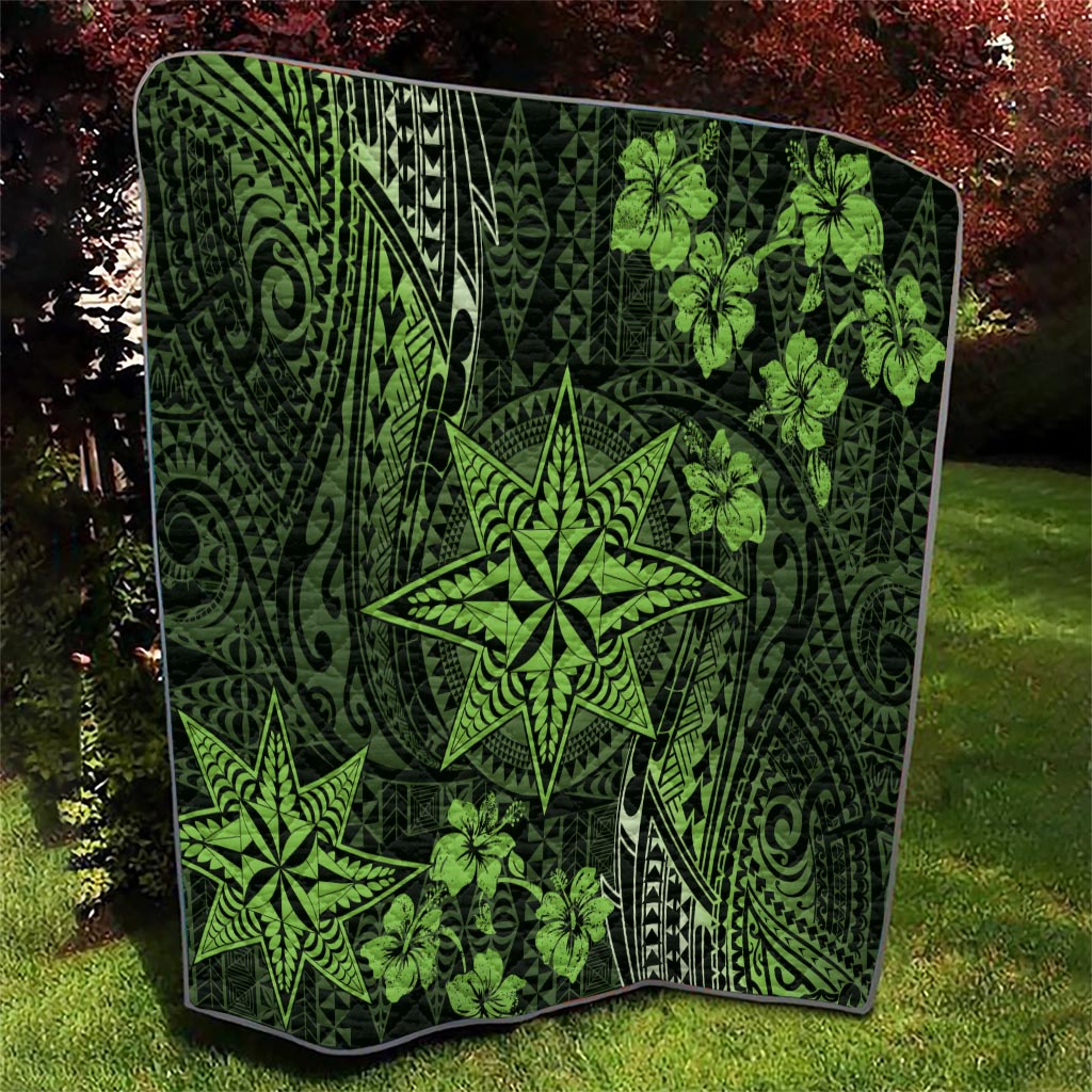 Vintage Tonga Tribal Ngatu Pattern Quilt With Pacific Floral Lime Green Art LT9 - Polynesian Pride