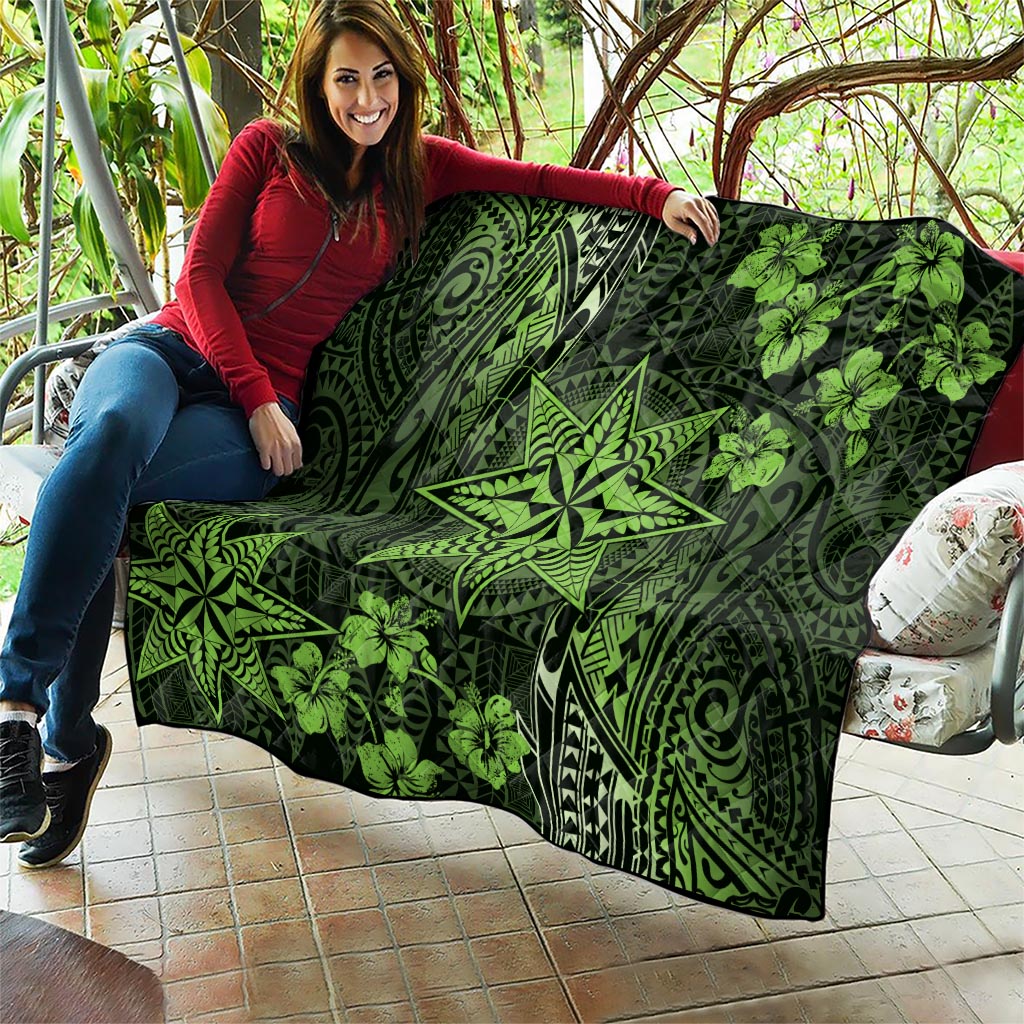 Vintage Tonga Tribal Ngatu Pattern Quilt With Pacific Floral Lime Green Art LT9 - Polynesian Pride